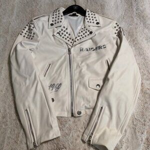 Raiders x The Wild Collective White Faux Leather Full-Zip Jacket
